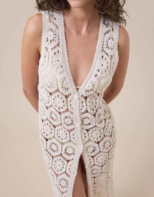 Calzedonia Crochet midi gilet in ivory white, 3 of 5