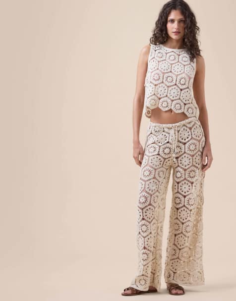 Calzedonia Crochet palazzo trousers in ivory white - view 1