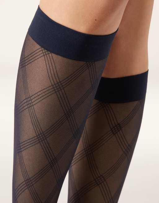 Calzedonia Diamond-pattern sheer knee-high socks in blue, 3 of 4