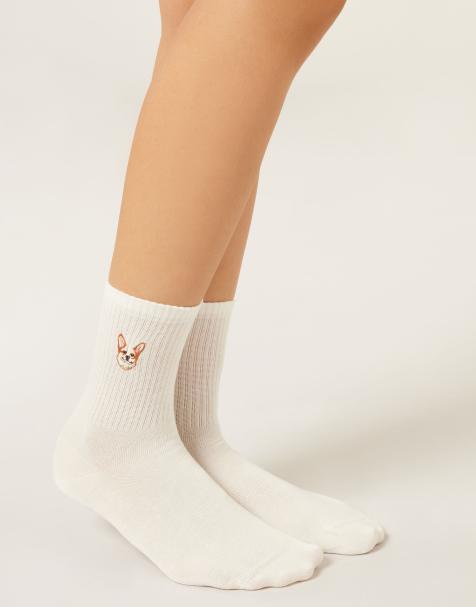 Calzedonia Dogs embroidered socks in cream - view 1
