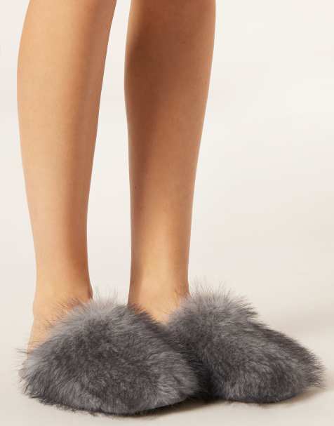 Calzedonia Faux-fur slippers in grey fluffy - view 1