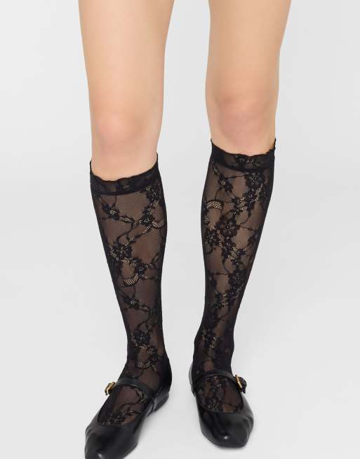 Calzedonia Floral lace knee-high socks in coffee lace, 2 of 3