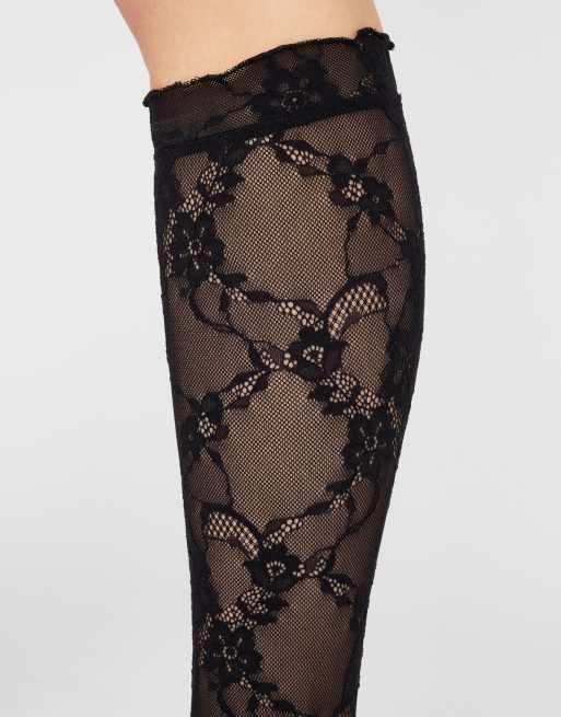 Calzedonia Floral lace knee-high socks in coffee lace, 3 of 3