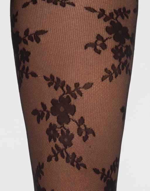Calzedonia Floral lace sheer tights in black, 3 of 3