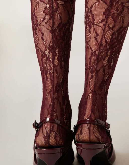 Calzedonia Floral lace tights in burgundy lace, 4 of 4