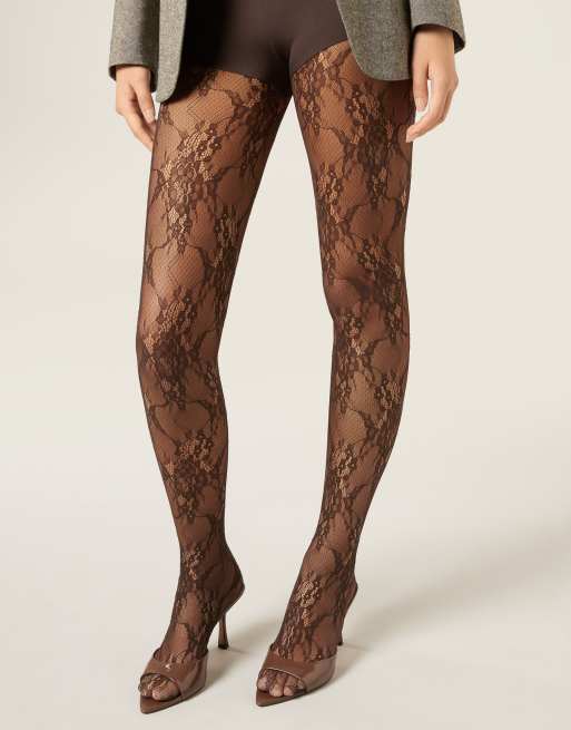 Calzedonia Floral lace tights in coffee lace, 2 of 4