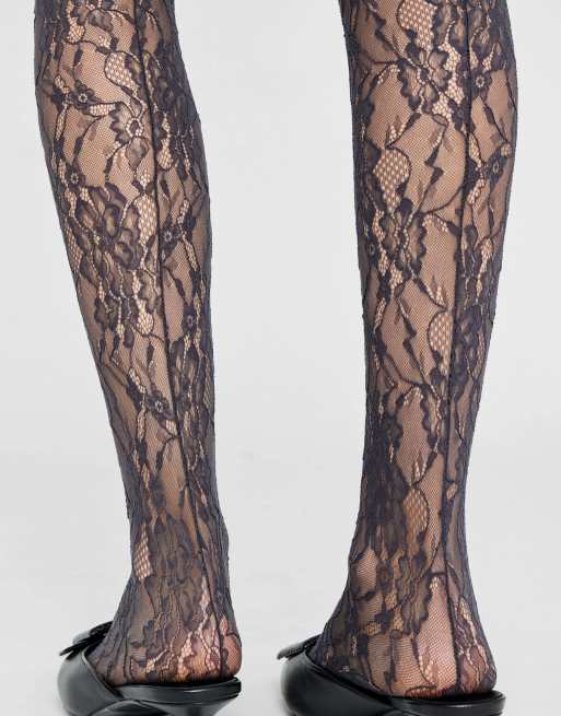 Calzedonia Floral lace tights in dark grey, 3 of 4