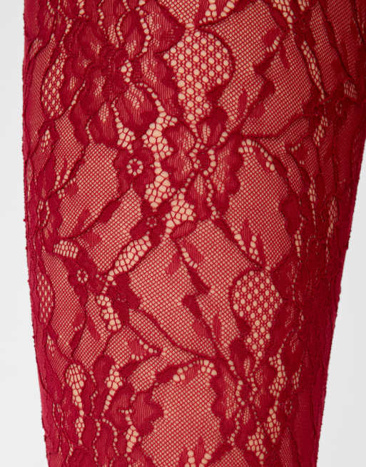 Calzedonia Floral lace tights in dark red, 3 of 4