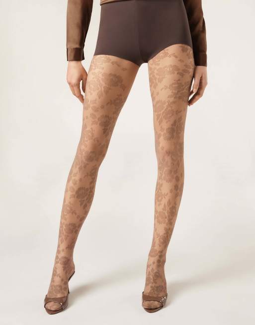 Calzedonia Floral sheer tights in taupe flowers, 2 of 4