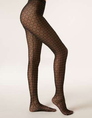 Calzedonia Glitter flock diamond-patterned tights in black gold