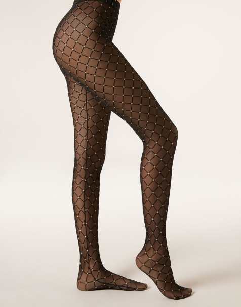 Calzedonia Glitter flock diamond-patterned tights in black gold - view 1