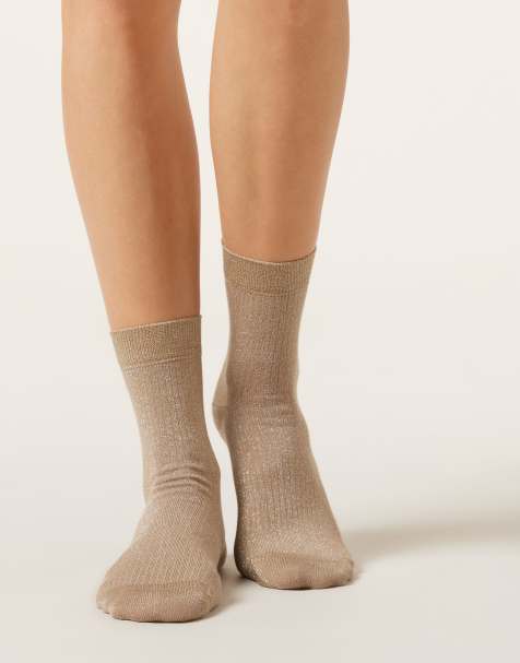 Calzedonia Glitter ribbed socks in beige - view 1