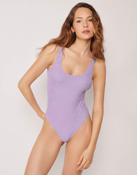 Calzedonia High-leg swimsuit crinkle waves in floral violet - view 1