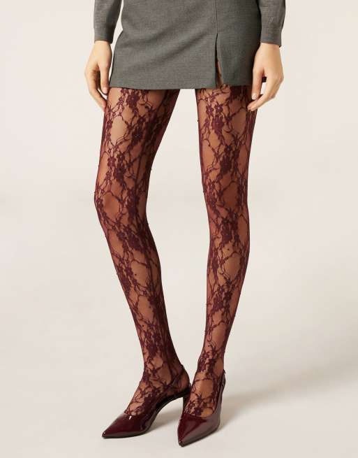 Calzedonia Lace and diamanté tights in burgundy, 2 of 4