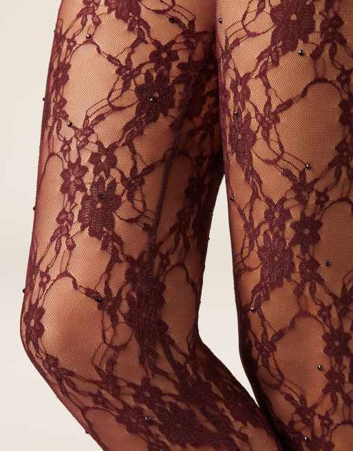 Calzedonia Lace and diamanté tights in burgundy, 4 of 4