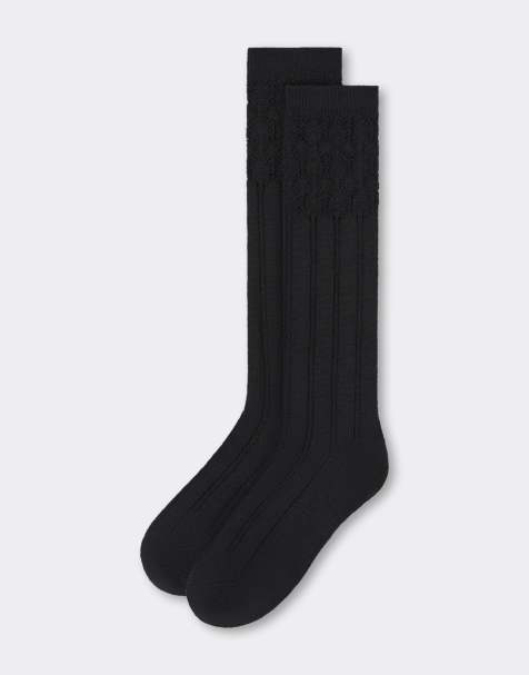 Calzedonia Lace-patterned long socks with wool in black - view 1