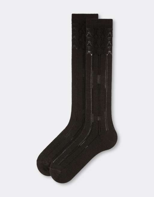 Calzedonia Lace-patterned long socks with wool in brown, 3 of 4