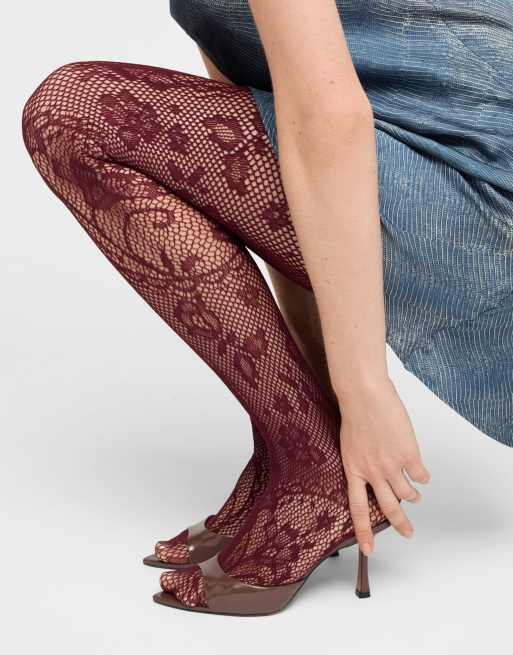 Calzedonia Liberty floral fishnet tights in burgundy, 2 of 3