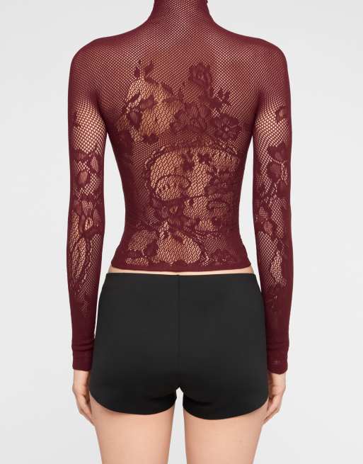 Calzedonia Liberty floral fishnet top in burgundy, 2 of 4
