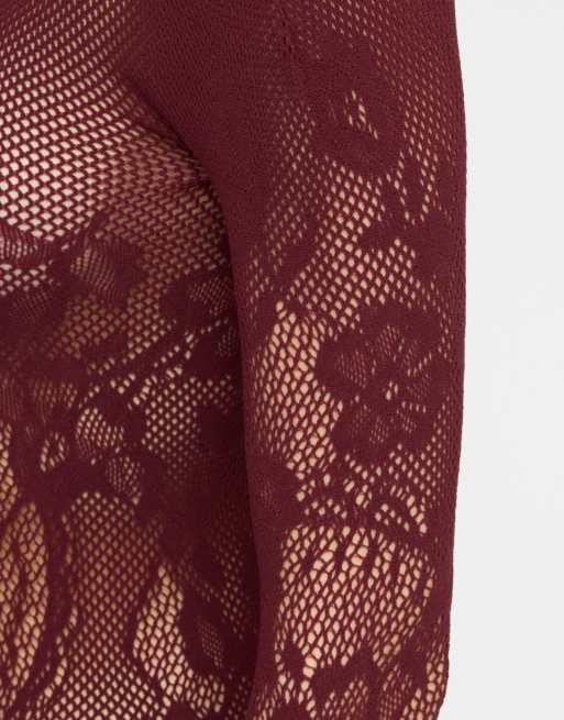 Calzedonia Liberty floral fishnet top in burgundy, 3 of 4