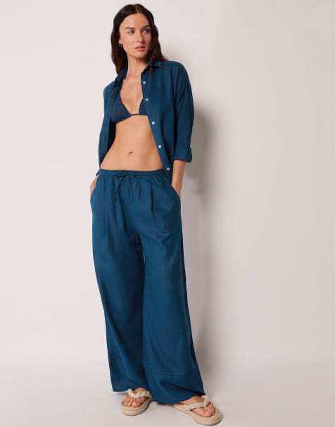 Calzedonia Linen and viscose palazzo trousers in dark blue - view 1