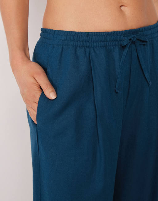 Calzedonia Linen and viscose palazzo trousers in dark blue, 3 of 4
