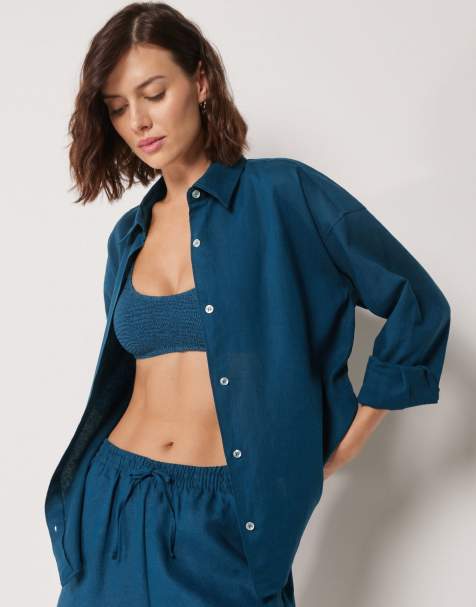 Calzedonia linen and viscose shirt & trouser co ord in dark blue - view 1