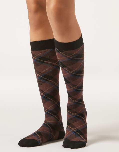 Calzedonia Long patterned socks in black tartan - view 1