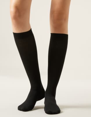 Calzedonia Long Satin Cotton Socks In Black