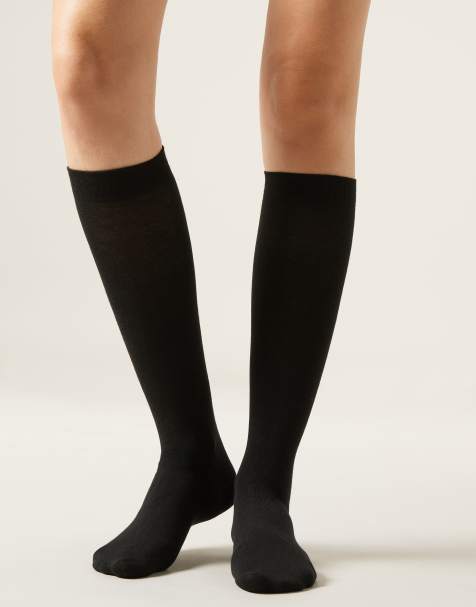Calzedonia Long satin cotton socks in black - view 1