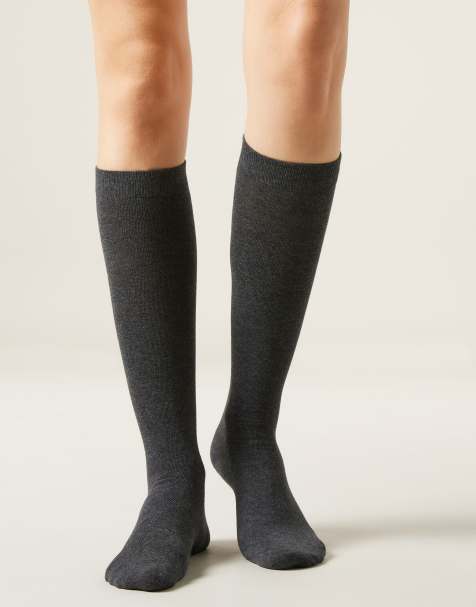 Calzedonia Long satin cotton socks in charcoal grey blend - view 1