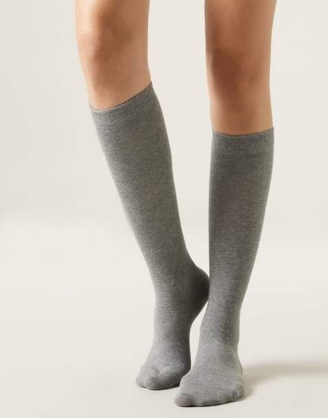 Calzedonia Long satin cotton socks in mid grey blend - view 1