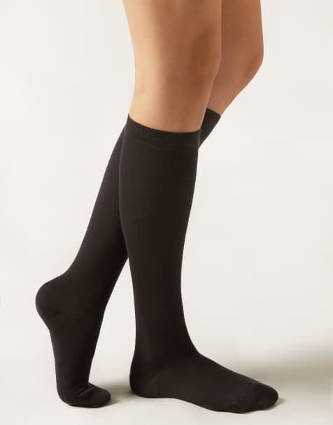 Calzedonia Long satin cotton socks in mocha brown - view 1