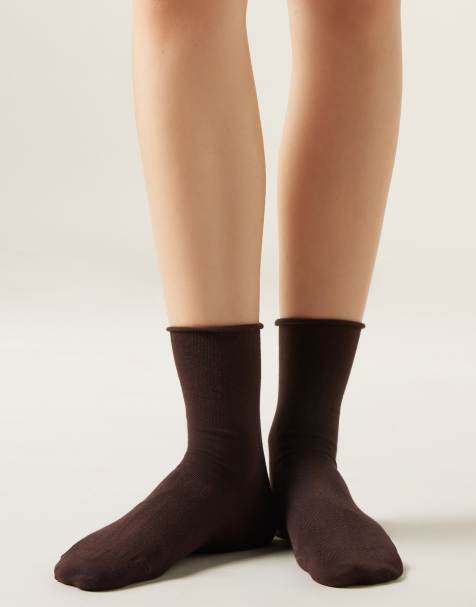 Calzedonia Non-elastic cotton ankle socks in brown - view 1