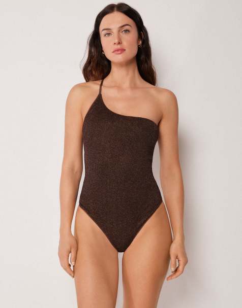 Calzedonia One-shoulder swimsuit metallic glow in choco brown - view 1