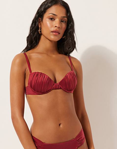Calzedonia Padded push-up bikini top shiny satin in dark red - view 1