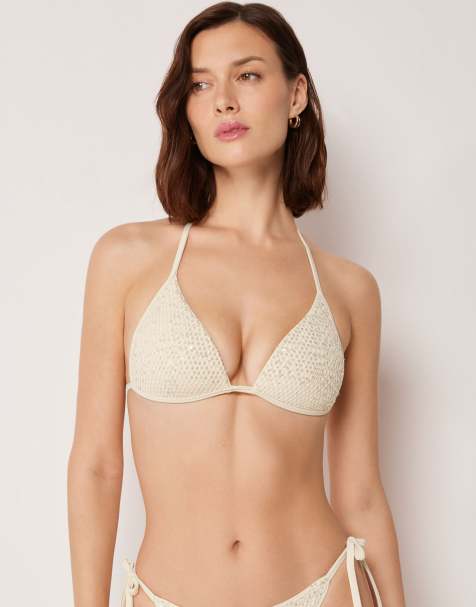 Calzedonia Padded triangle bikini top sequin net in buttercream white