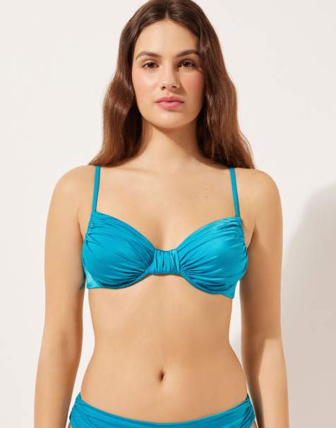 Calzedonia Satin satin bikini top in emerald blue - view 1