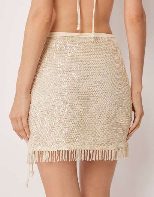 Calzedonia Sequin net beach skirt in buttercream white, 4 of 4