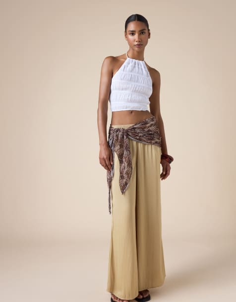 Calzedonia Shiny palazzo beach trousers in champagne