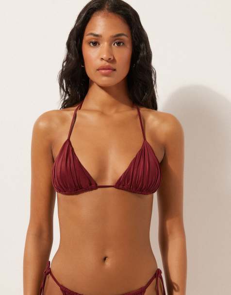 Calzedonia Shiny satin bikini top in dark red - view 1