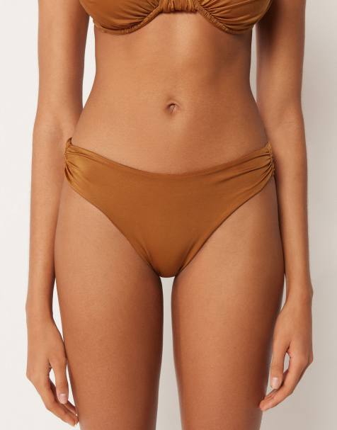 Calzedonia Shiny Satin brazilians bikini bottoms in sugar brown - view 1