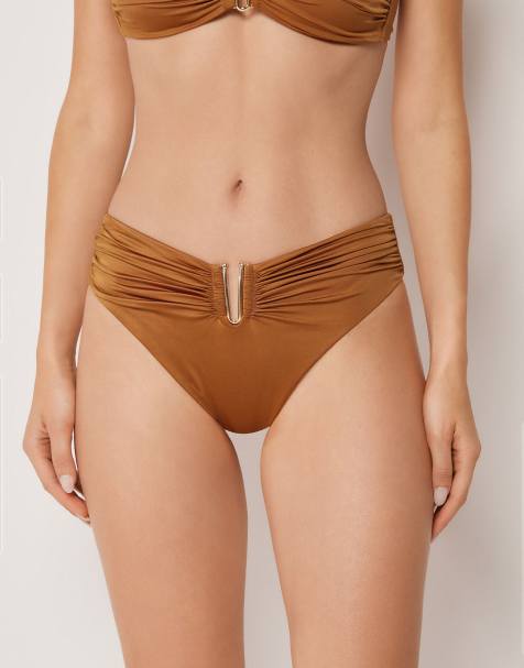 Calzedonia Shiny Satin high-waisted bikini bottoms in sugar brown - view 1