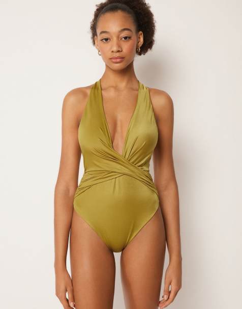 Calzedonia Shiny Satin one-piece swimsuit in green gold - view 1