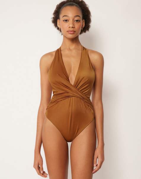 Calzedonia Shiny Satin one-piece swimsuit in sugar brown - view 1