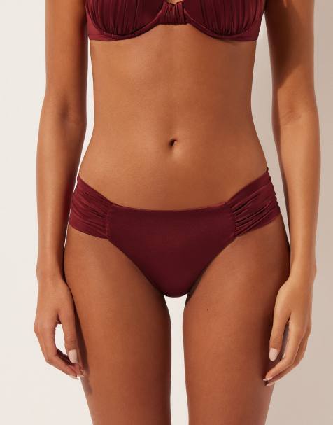 Calzedonia Shiny satin ruched bikini bottoms in dark red - view 1