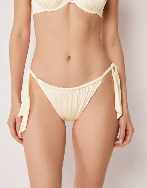 Calzedonia Shiny Satin side-tie brief bikini bottoms in buttercream white - view 1