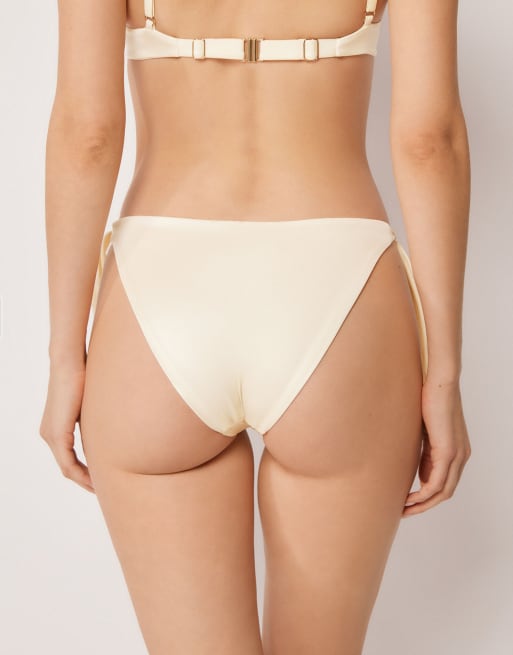 Calzedonia Shiny Satin side-tie brief bikini bottoms in buttercream white, 4 of 4