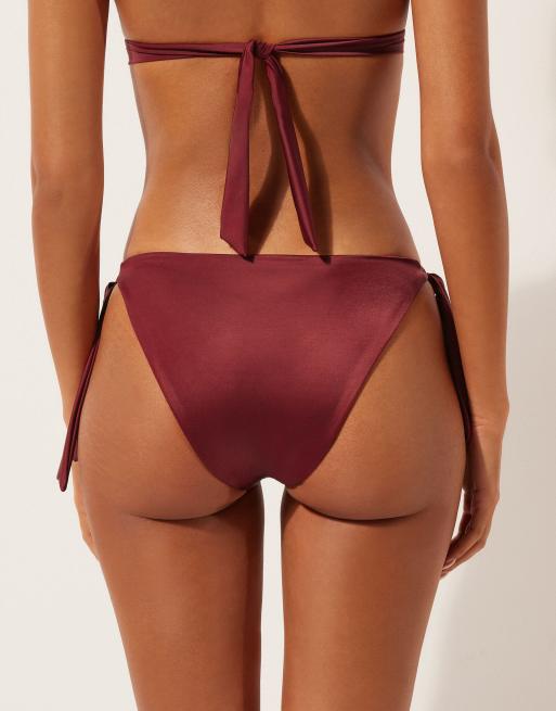 Calzedonia Shiny Satin side-tie brief bikini bottoms in dark red, 3 of 3