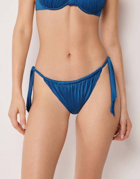 Calzedonia Shiny Satin side-tie brief bikini bottoms in intense blue - view 1